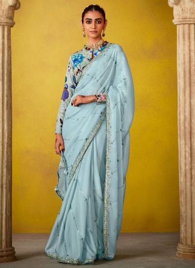 Sky blue glass tissue sequins embroidered wedding saree with blouse 2161